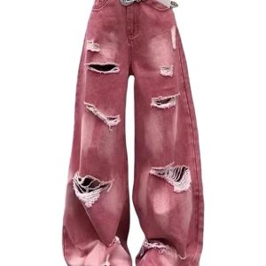 Retro Rose Distressed Baggy Jeans - 2000s Fashion, Y2K Aesthetic Outfit