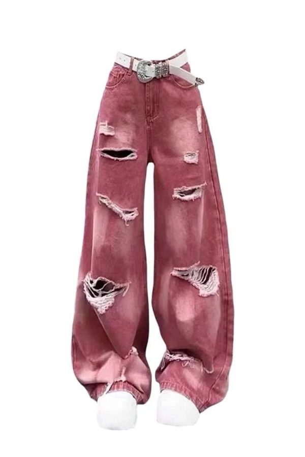 Retro Rose Distressed Baggy Jeans - 2000s Fashion, Y2K Aesthetic Outfit