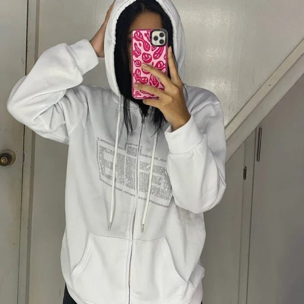 Rhinestone Logo Zip-Up Hoodie - 2000s Fashion, Y2K Aesthetic Outfit