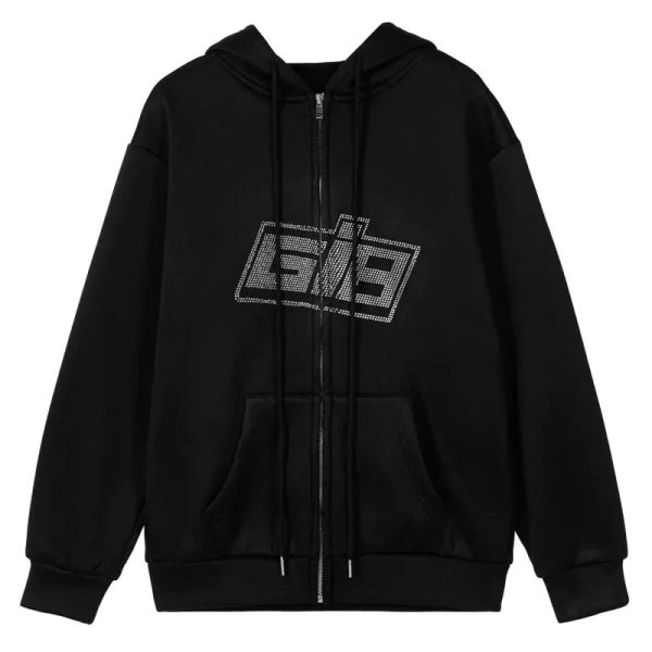 Rhinestone Logo Zip-Up Hoodie - 2000s Fashion, Y2K Aesthetic Outfit