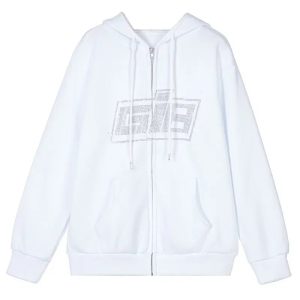 Rhinestone Logo Zip-Up Hoodie - 2000s Fashion, Y2K Aesthetic Outfit