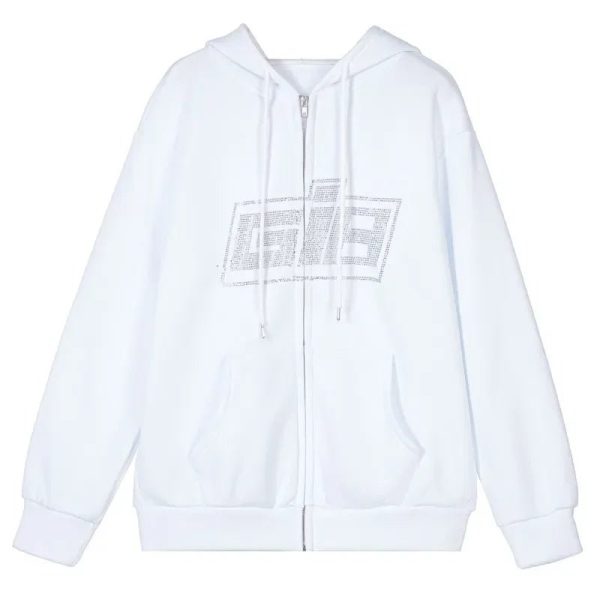 Rhinestone Logo Zip-Up Hoodie - 2000s Fashion, Y2K Aesthetic Outfit