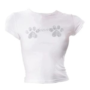 Rhinestone Paw Print Baby Top - 2000s Fashion Inspired Outfit for Women