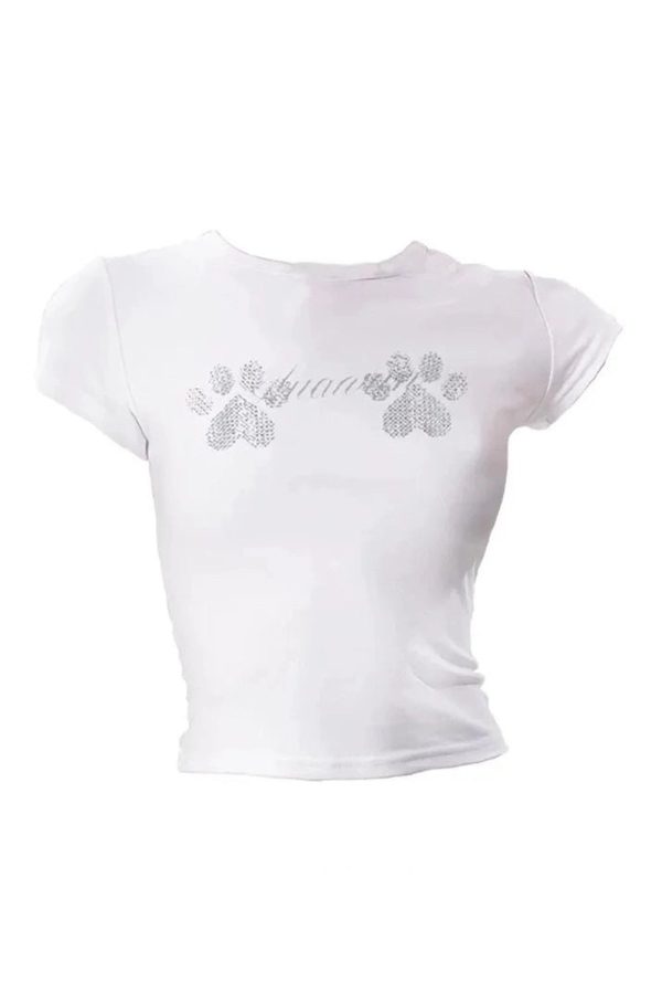 Rhinestone Paw Print Baby Top - 2000s Fashion Inspired Outfit for Women