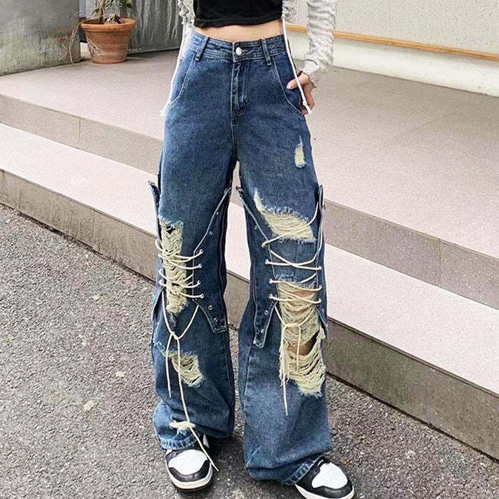 Ripped Lace Up Baggy Jeans - 2000s Fashion, Nostalgia 2000s Outfits