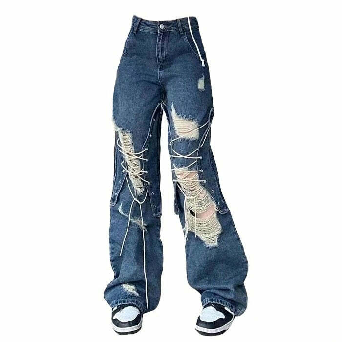 Ripped Lace Up Baggy Jeans - 2000s Fashion, Nostalgia 2000s Outfits