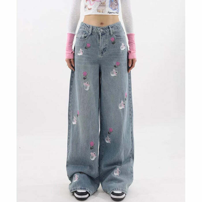 Rose and Bunny Embroidery Jeans - 2000s Fashion Nostalgia Outfit