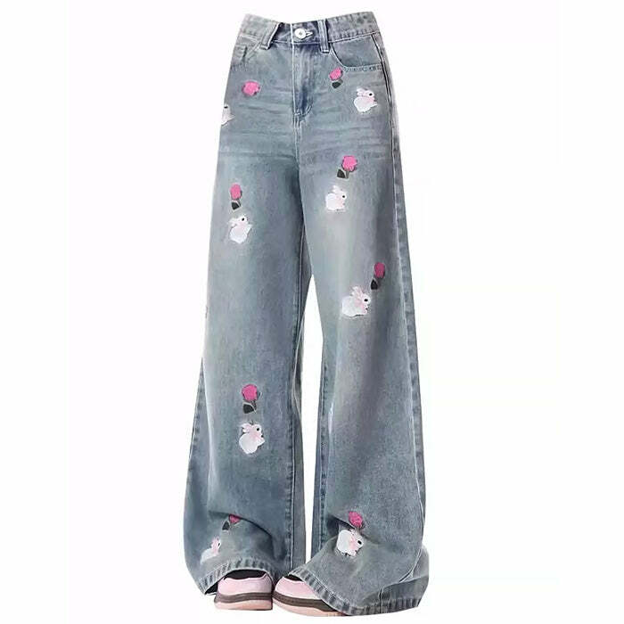 Rose and Bunny Embroidery Jeans - 2000s Fashion Nostalgia Outfit