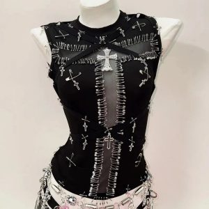 Safety Pin Cross Punk Top - 2000s Fashion, Y2K Aesthetic, Trashy Party Outfit