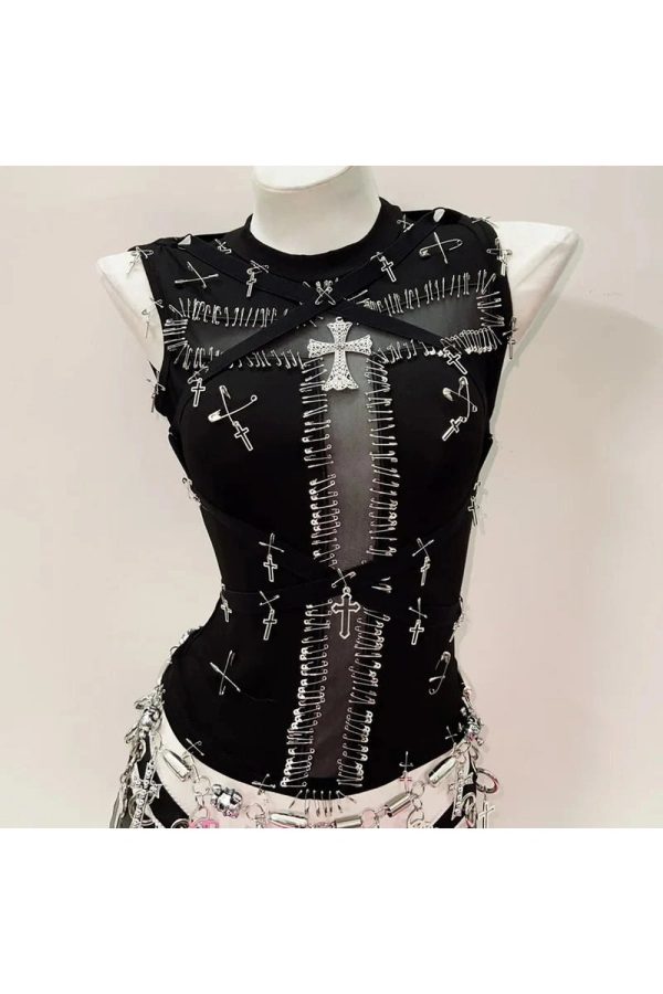 Safety Pin Cross Punk Top - 2000s Fashion, Y2K Aesthetic, Trashy Party Outfit