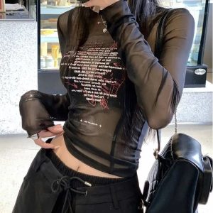 Sheer Black Text Graphic Mesh Top - 2000s Fashion Nostalgia Outfit