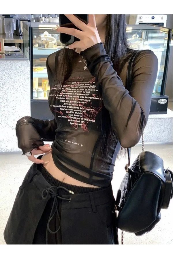 Sheer Black Text Graphic Mesh Top - 2000s Fashion Nostalgia Outfit