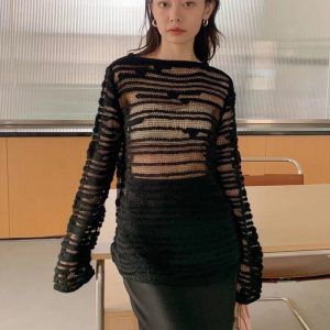 Sheer Shadow Striped Knit Top - 2000s Fashion Inspired Winter Outfit