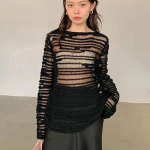 Sheer Shadow Striped Knit Top - 2000s Fashion Inspired Winter Outfit