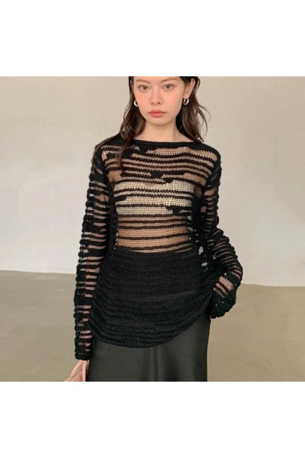 Sheer Shadow Striped Knit Top - 2000s Fashion Inspired Winter Outfit