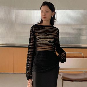 Sheer Shadow Striped Knit Top - 2000s Fashion Inspired Winter Outfit