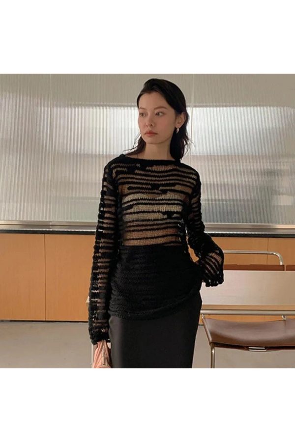 Sheer Shadow Striped Knit Top - 2000s Fashion Inspired Winter Outfit