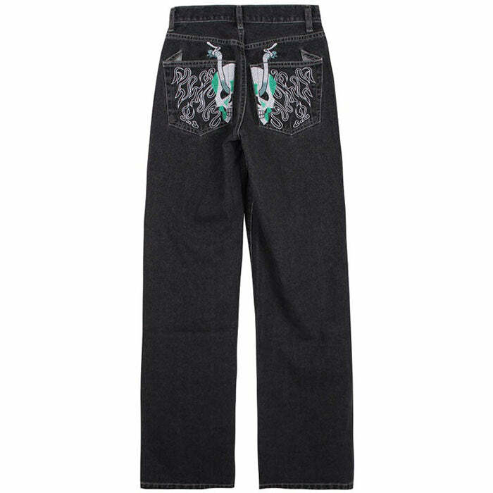 Skeleton Embroidery Jeans - 2000s Fashion, Y2K Aesthetic, Vintage Style