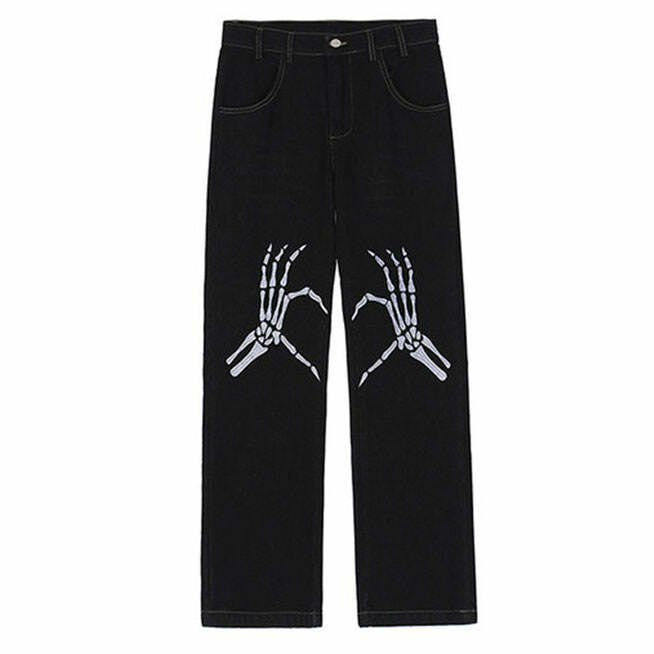 Skeleton Hands Embroidery Jeans - 2000s Fashion, Y2K Aesthetic Outfit