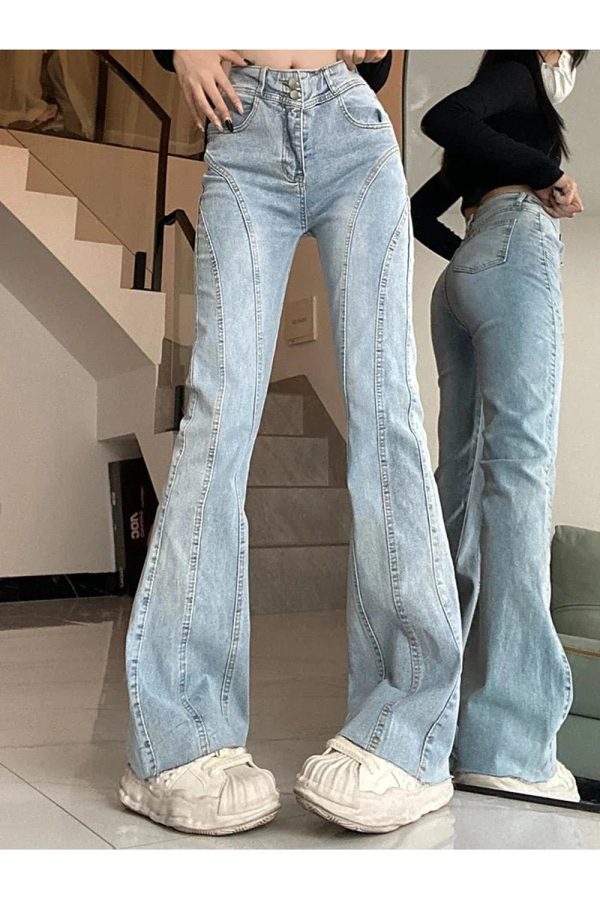 Skywave Stitch Flare Jeans - 2000s Fashion, Y2K Aesthetic Outfit, Vintage Style