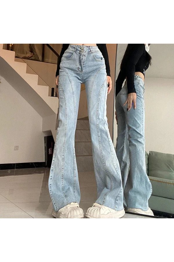 Skywave Stitch Flare Jeans - 2000s Fashion, Y2K Aesthetic Outfit, Vintage Style