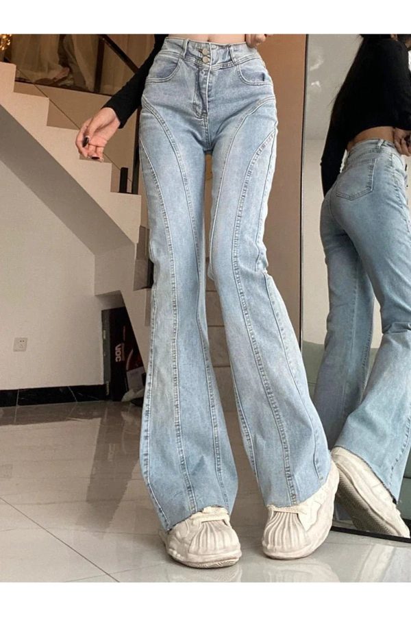 Skywave Stitch Flare Jeans - 2000s Fashion, Y2K Aesthetic Outfit, Vintage Style