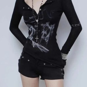 Smoke Print Goth Top - 2000s Fashion, Y2K Aesthetic, Vintage Style Outfit