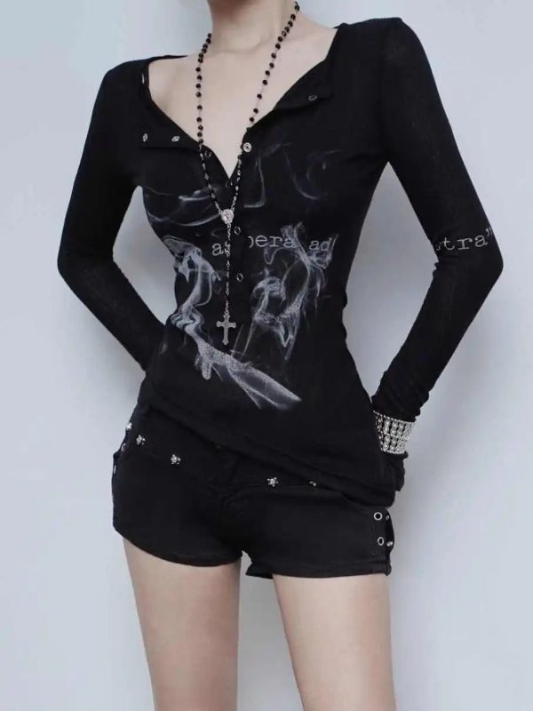 Smoke Print Goth Top - 2000s Fashion, Y2K Aesthetic, Vintage Style Outfit