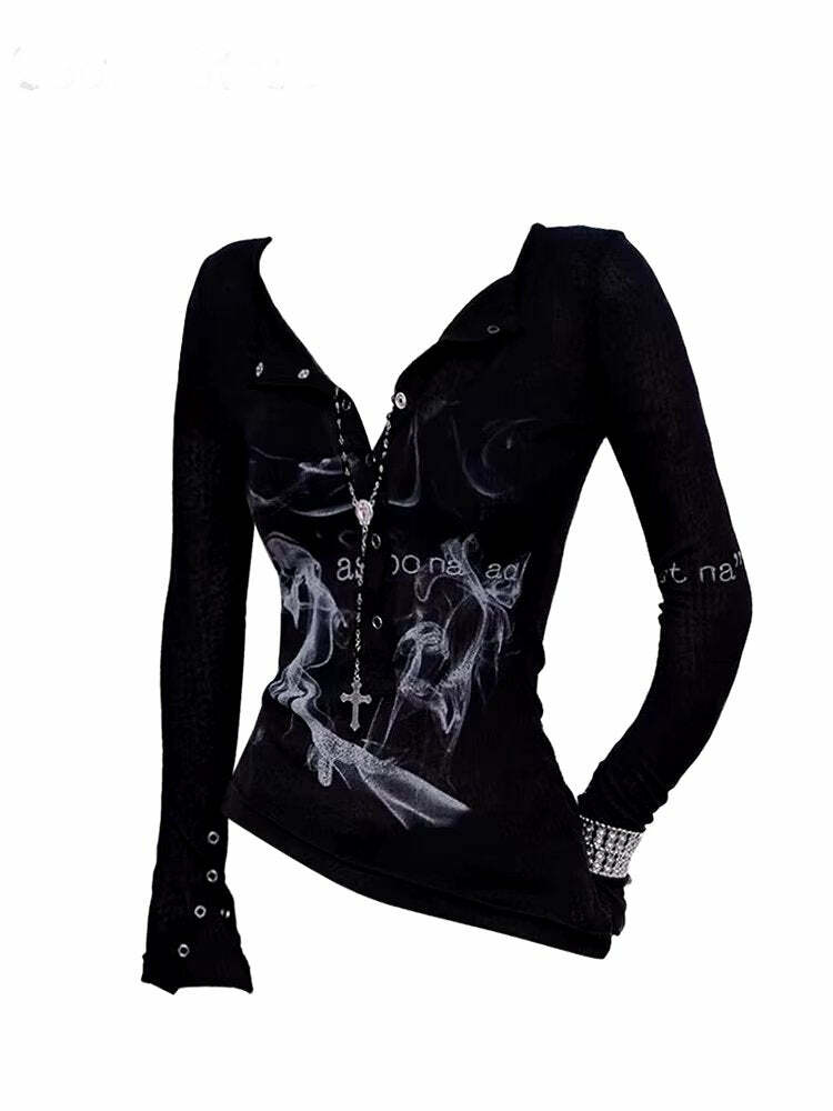 Smoke Print Goth Top - 2000s Fashion, Y2K Aesthetic, Vintage Style Outfit