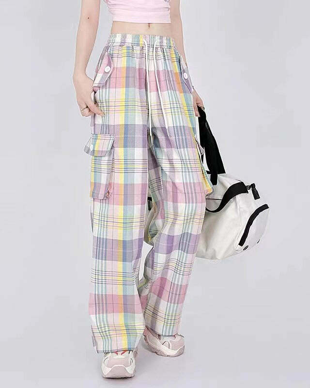 Soft Girl Plaid Cargo Pants - 2000s Fashion, Y2K Aesthetic Outfit