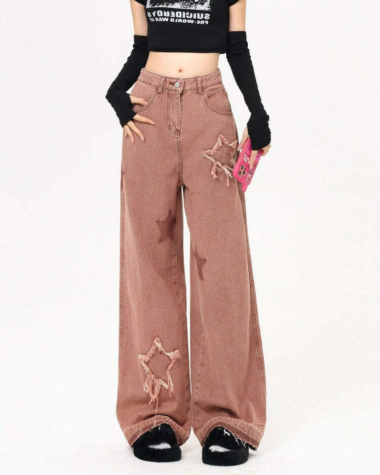 Star Aesthetic Pink Jeans - 2000s Fashion, Y2K Style, Nostalgia Outfits