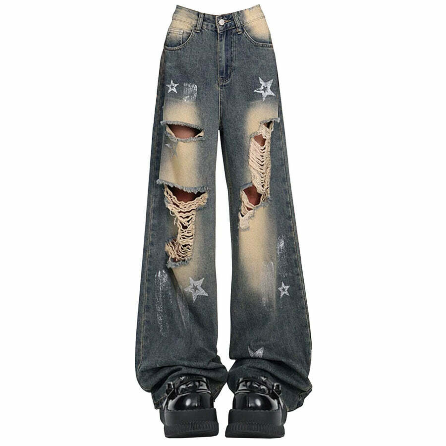 Star Girl Distressed Jeans - 2000s Fashion, Y2K Aesthetic, Vintage Style