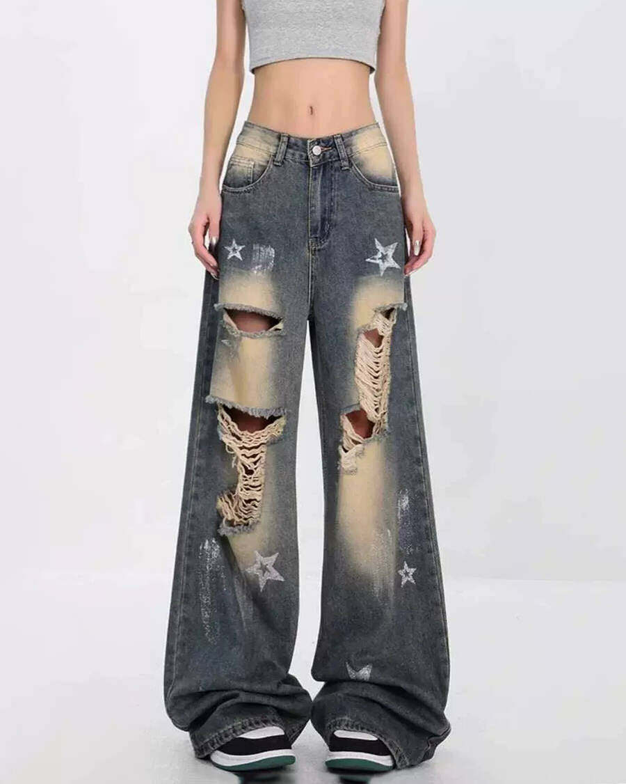 Star Girl Distressed Jeans - 2000s Fashion, Y2K Aesthetic, Vintage Style