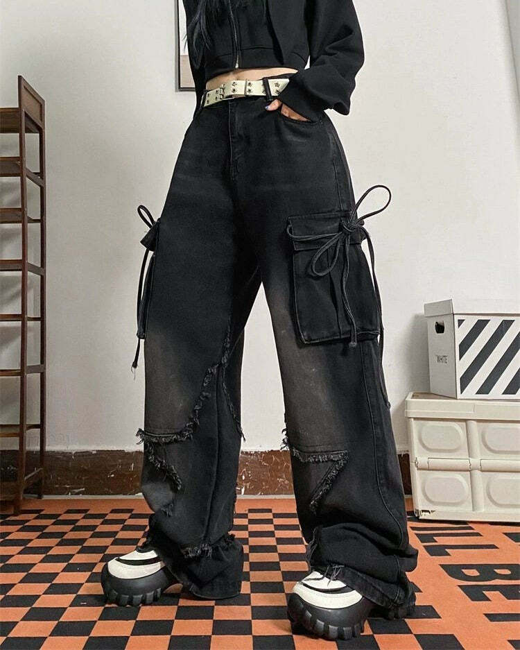 Star Patch Cargo Jeans - 2000s Fashion, Y2K Aesthetic, Nostalgia Outfits