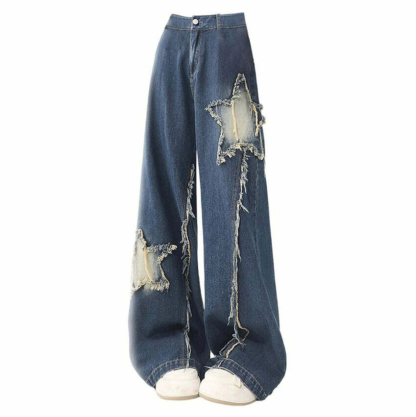 Star Patch Wide Leg Jeans - 2000s Fashion, Nostalgia Outfits, Y2K Style