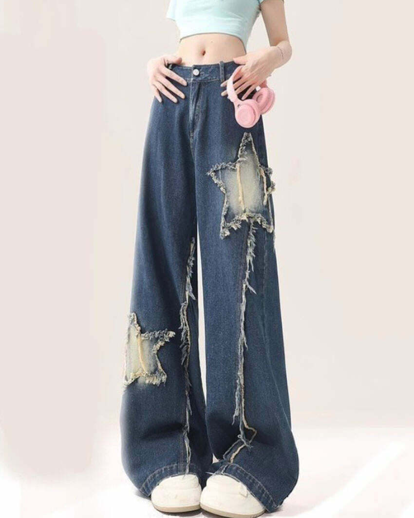 Star Patch Wide Leg Jeans - 2000s Fashion, Nostalgia Outfits, Y2K Style