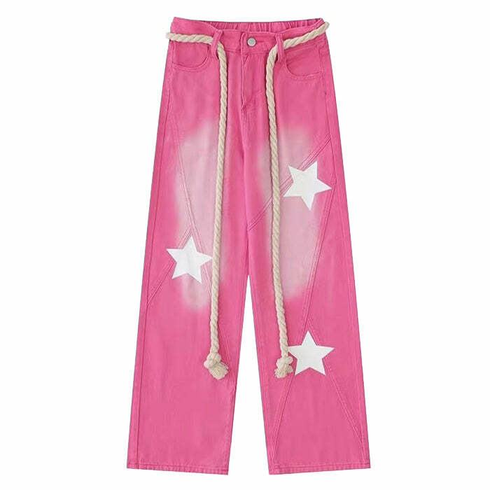 Star Print Y2K Pink Jeans - 2000s Fashion, Nostalgia Outfits, Vintage Style