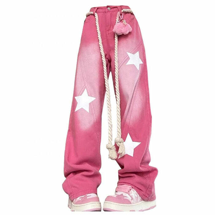 Star Print Y2K Pink Jeans - 2000s Fashion, Nostalgia Outfits, Vintage Style