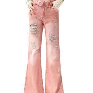 Starry Pink Distressed Jeans - 2000s Fashion, Y2K Aesthetic Outfit