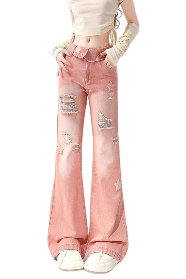 Starry Pink Distressed Jeans - 2000s Fashion, Y2K Aesthetic Outfit