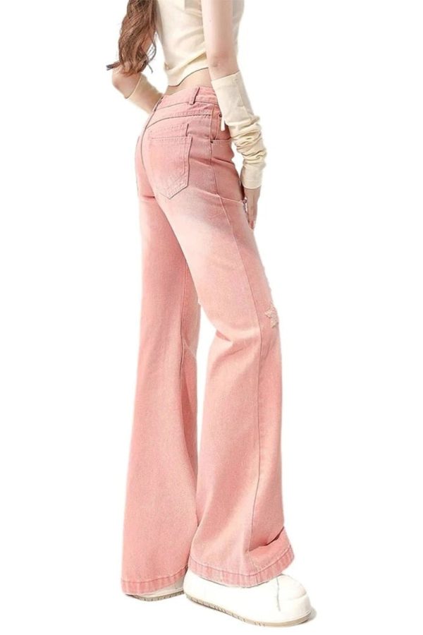 Starry Pink Distressed Jeans - 2000s Fashion, Y2K Aesthetic Outfit