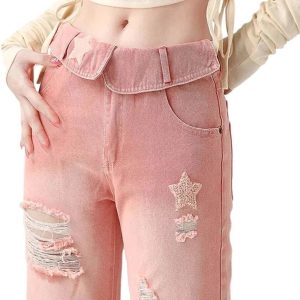 Starry Pink Distressed Jeans - 2000s Fashion, Y2K Aesthetic Outfit