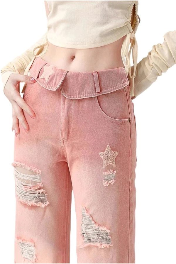 Starry Pink Distressed Jeans - 2000s Fashion, Y2K Aesthetic Outfit