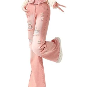 Starry Pink Distressed Jeans - 2000s Fashion, Y2K Aesthetic Outfit