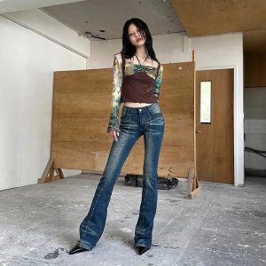 Stellar Studded Flare Jeans - 2000s Fashion, Y2K Aesthetic Outfit