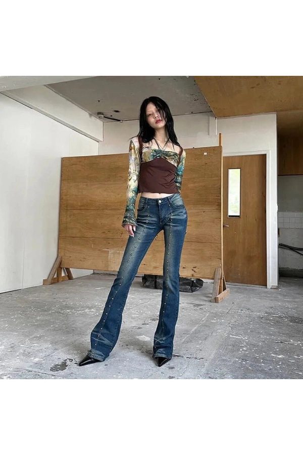 Stellar Studded Flare Jeans - 2000s Fashion, Y2K Aesthetic Outfit