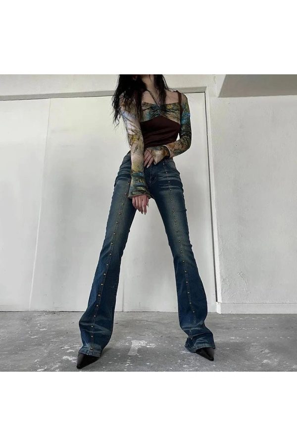 Stellar Studded Flare Jeans - 2000s Fashion, Y2K Aesthetic Outfit