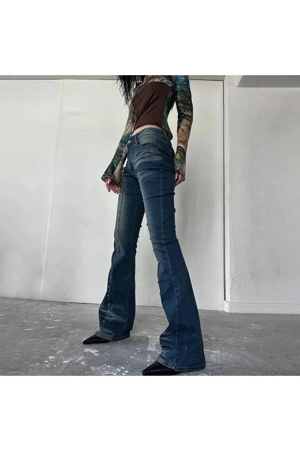 Stellar Studded Flare Jeans - 2000s Fashion, Y2K Aesthetic Outfit