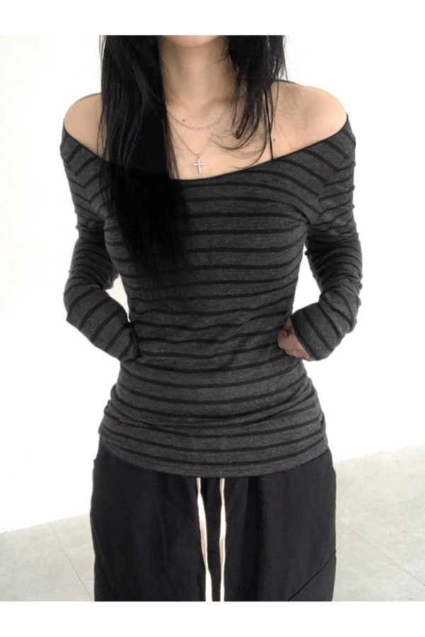 Striped Off-Shoulder Knit Top for 2000s Fashion & Nostalgia Outfits