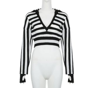 Striped Shadow Crop Hoodie - 2000s Fashion, Y2K Aesthetic, Nostalgia Outfit